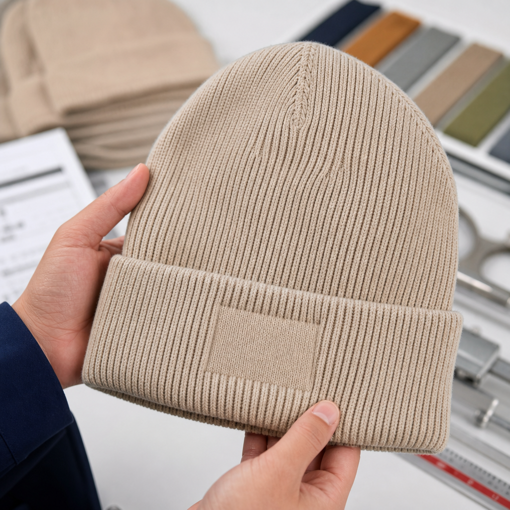 knitted beanie manufacturer stitch and label detail for wholesale buyers