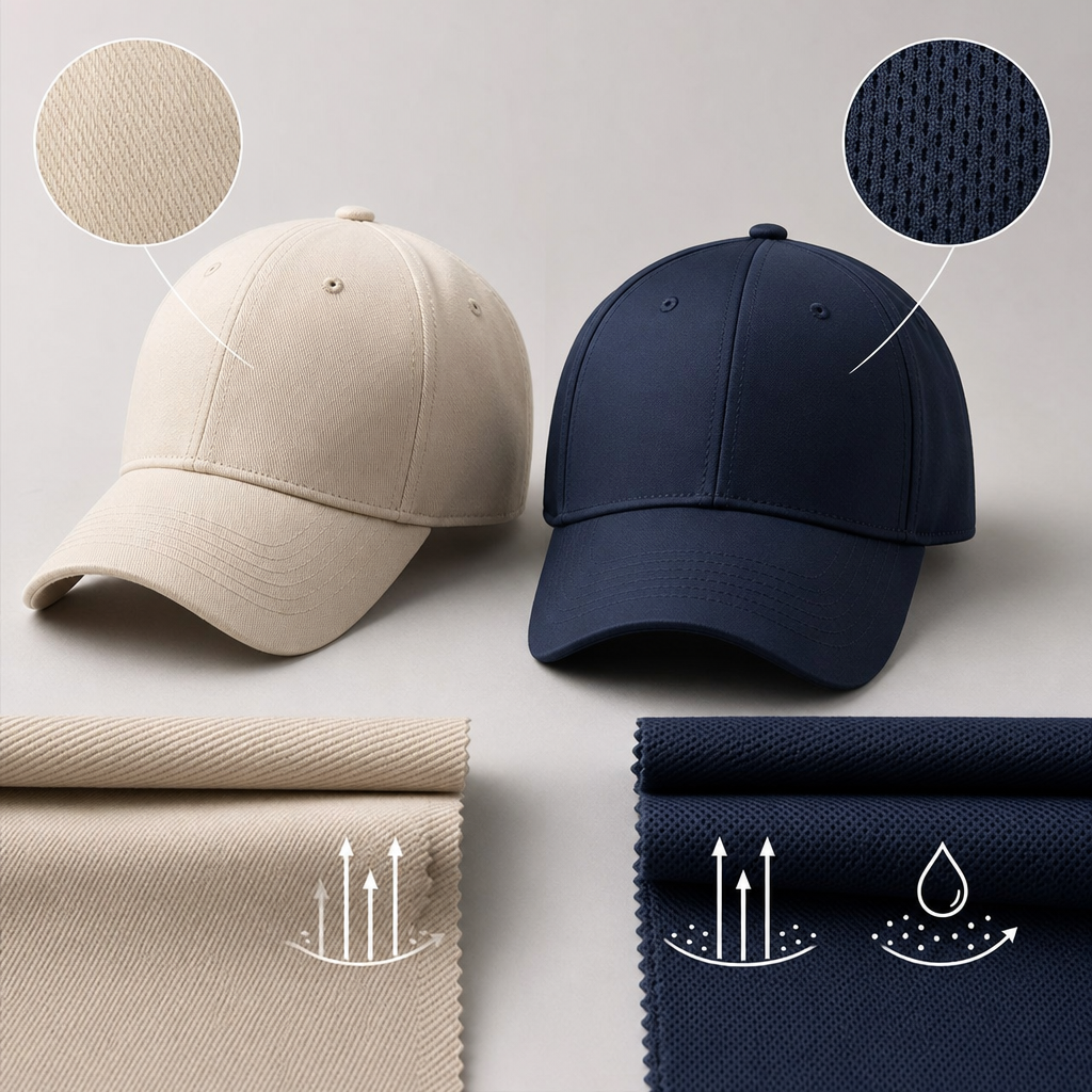 Cotton twill vs performance polyester baseball caps hero image