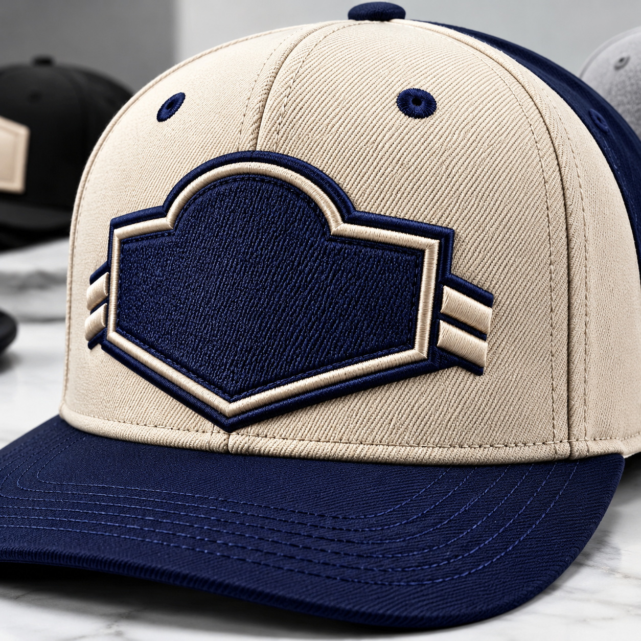 custom baseball cap embroidery and stitching detail for wholesale buyers