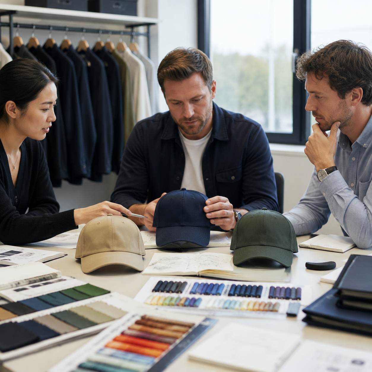 B2B sourcing meeting reviewing custom baseball cap samples and fabric swatches