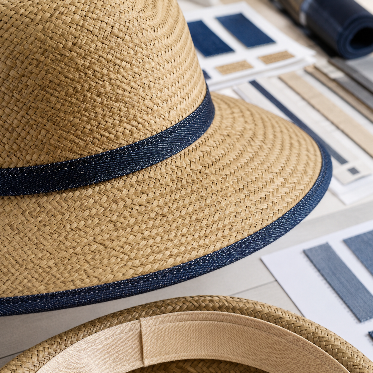 straw hat weave and dyed trim detail for color fastness inspection