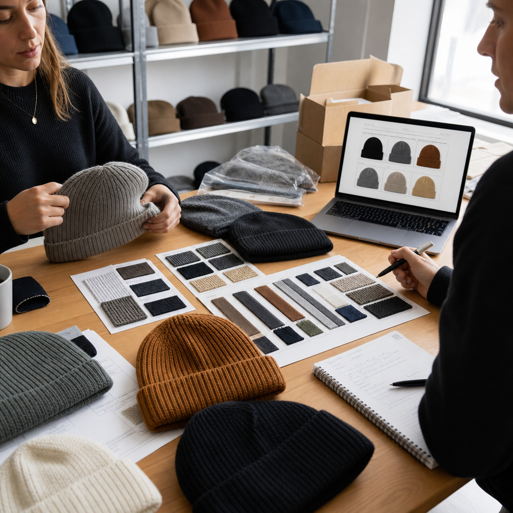 Patch, embroidery, and woven label options for custom beanies scenario image