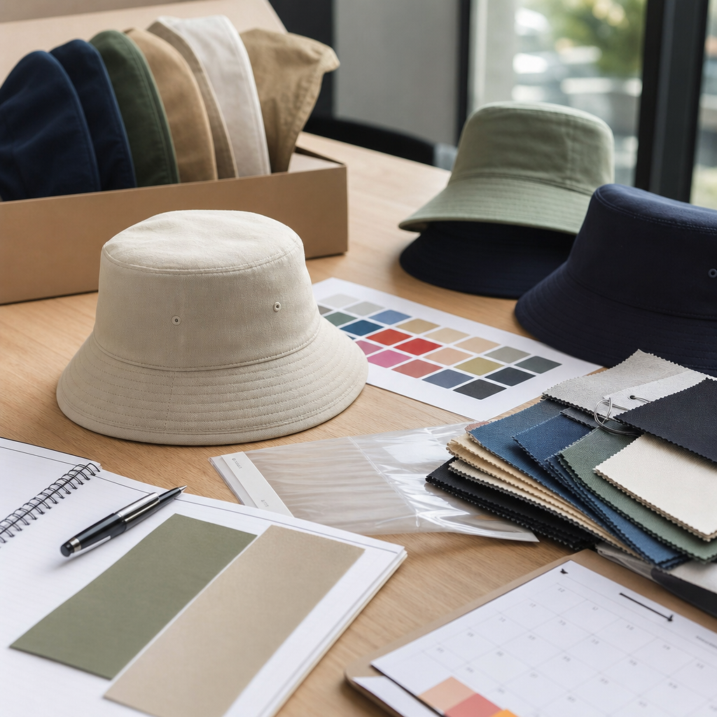 low MOQ custom bucket hats scenario image showing Bucket Hat inspection and sourcing context