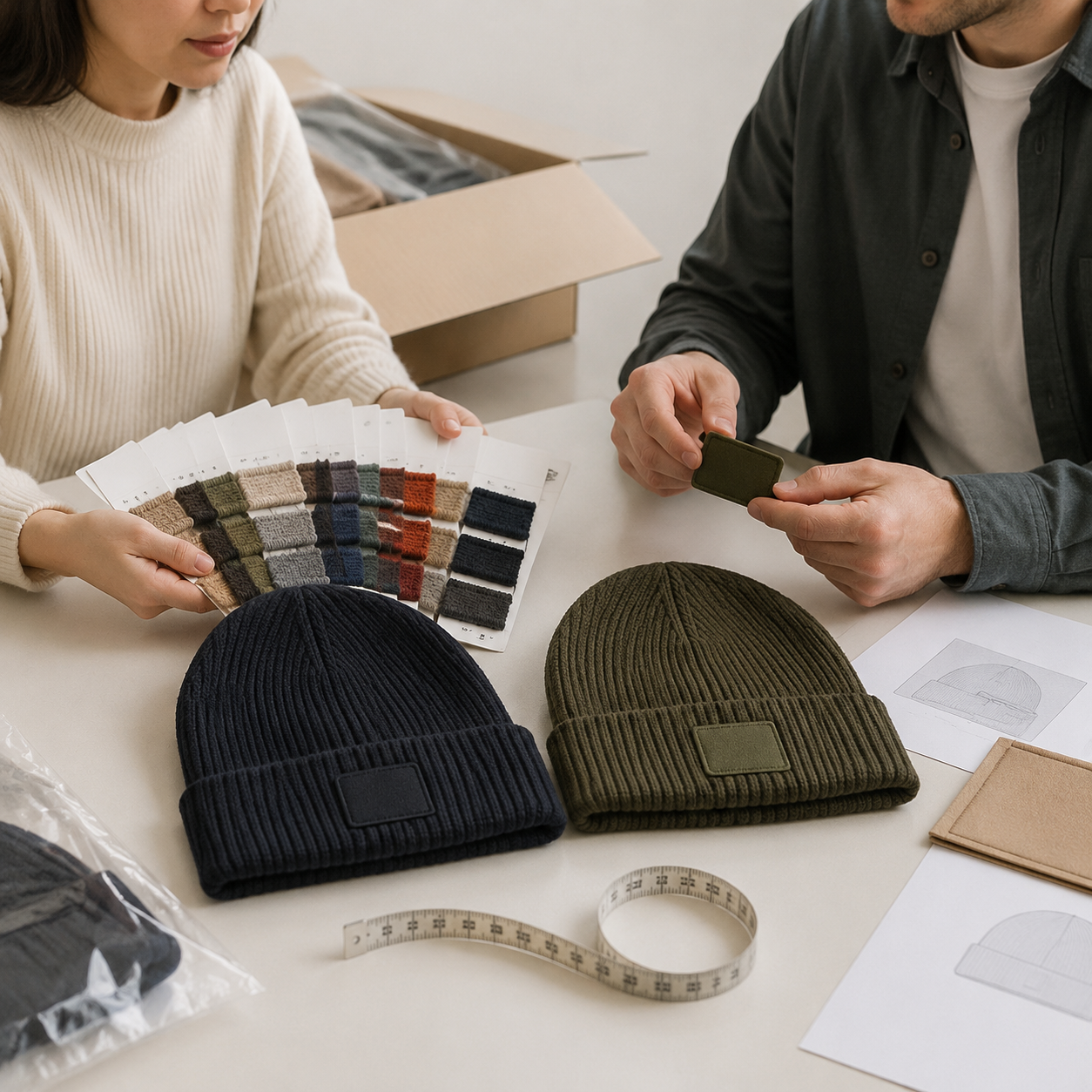 acrylic vs wool beanies scenario image showing Knitted Beanie inspection and sourcing context