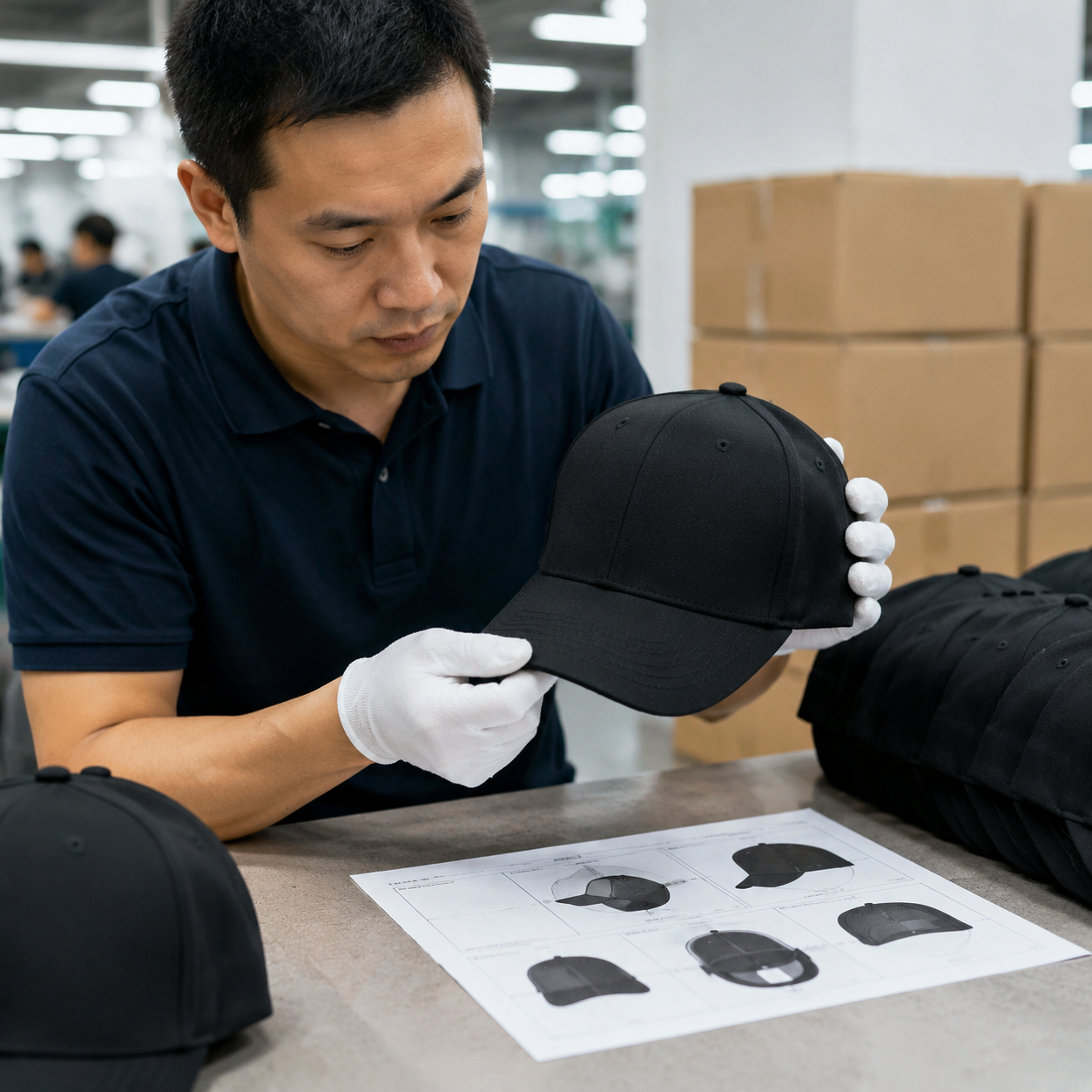 structured baseball cap supplier scenario image showing Baseball Cap inspection and sourcing context
