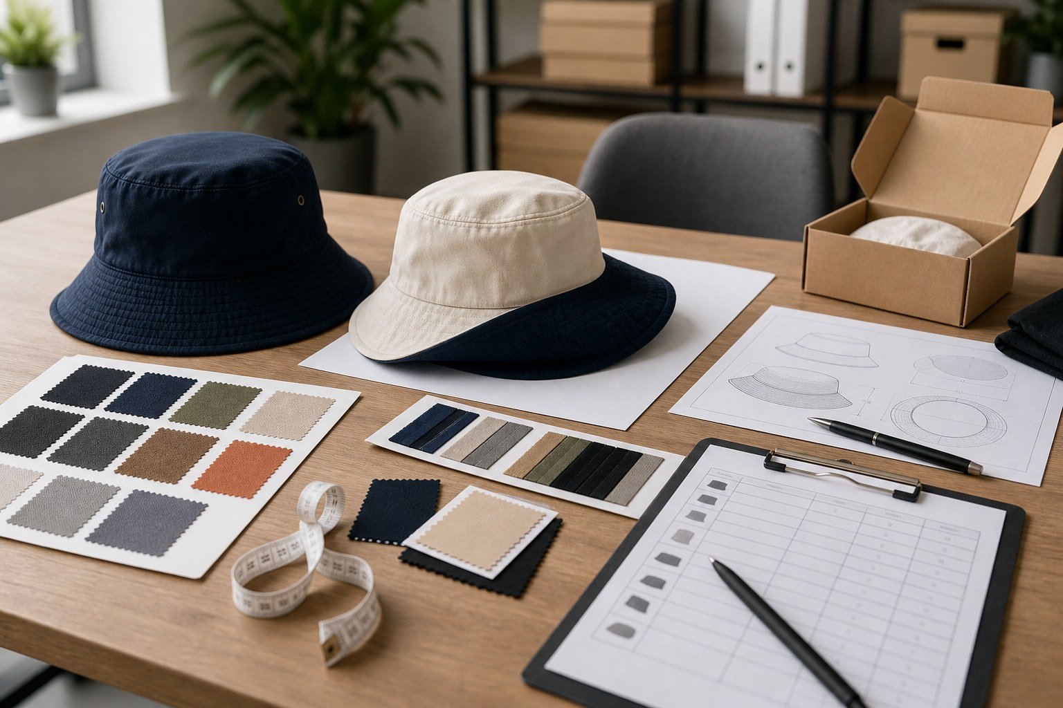 custom bucket hat sample approval and packing review concept for wholesale OEM shipment