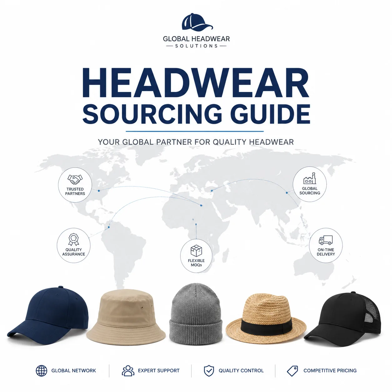 Headwear sourcing guide cover graphic with a world map, five service icons and a row of five cap styles