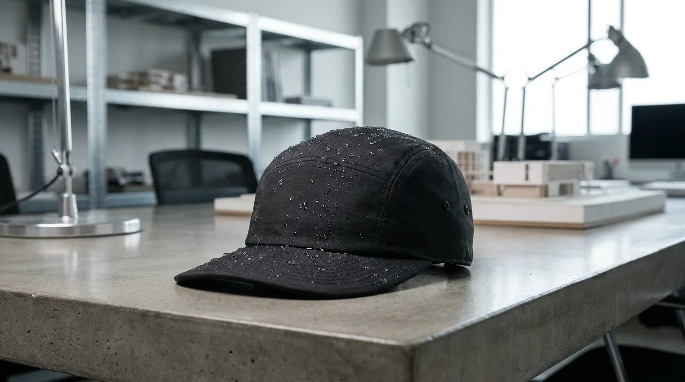 Gorra personalizada de nailon ripstop negro 40D con gotas de agua que muestran el rendimiento del tratamiento DWR