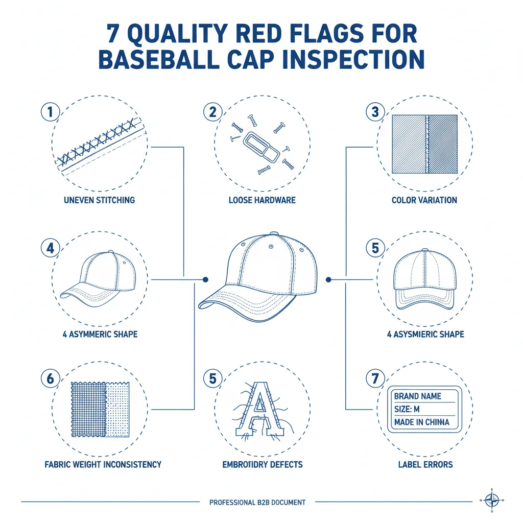 Baseball cap quality inspection showing stitching, embroidery, and closure checks