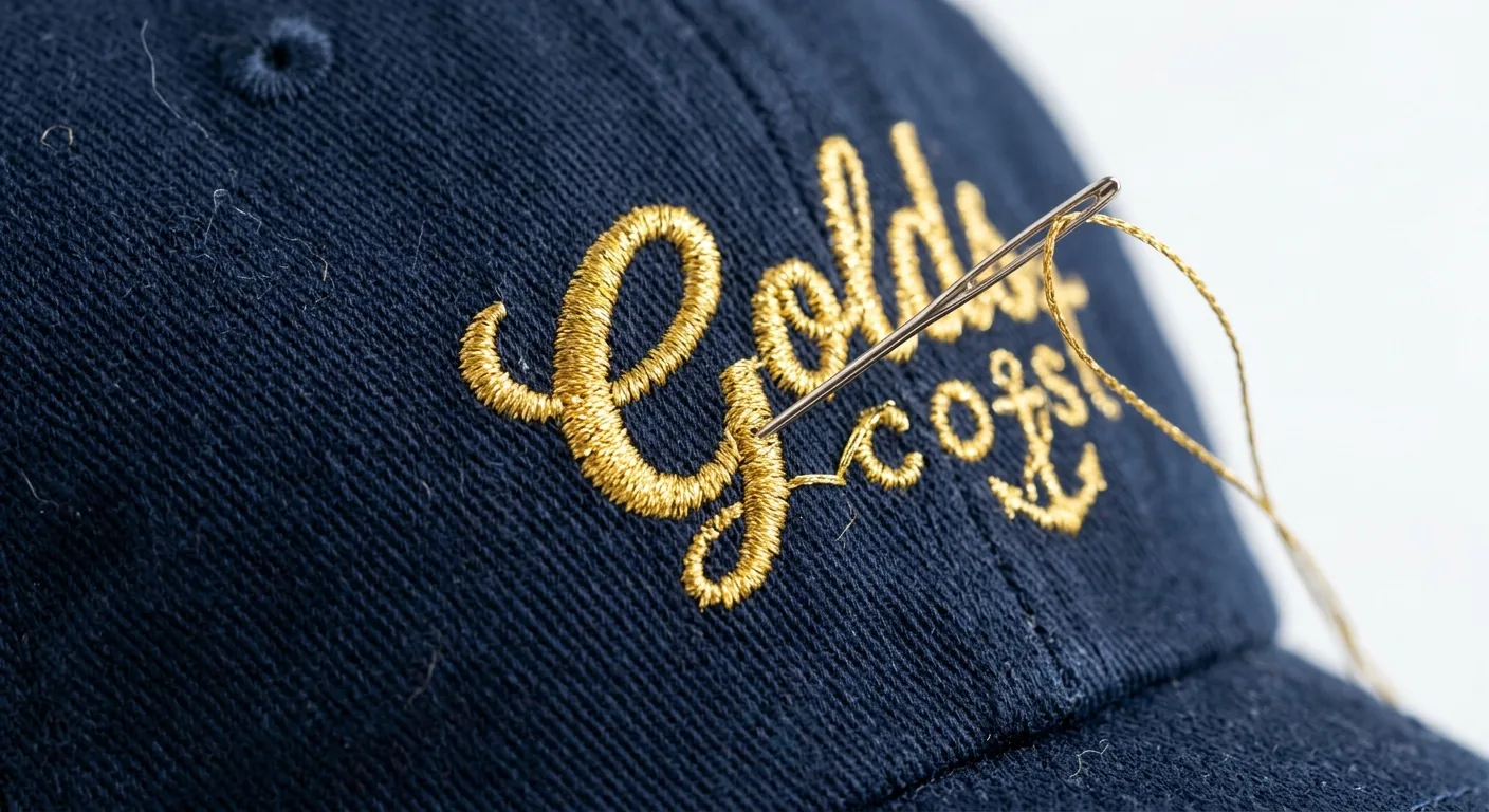 Close-up macro detail of precision golden thread embroidery stitching on a custom baseball cap front panel