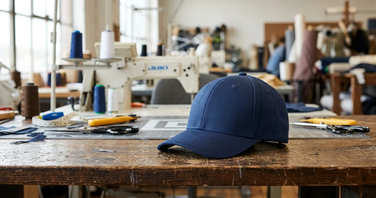Proceso de fabricación de gorras personalizadas en el banco de trabajo de la fábrica con herramientas para cortar tela y equipo de costura industrial