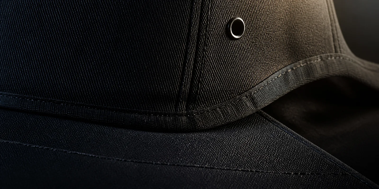 Macro detail of visor stitching, seam and metal eyelet on a custom black cotton twill baseball cap