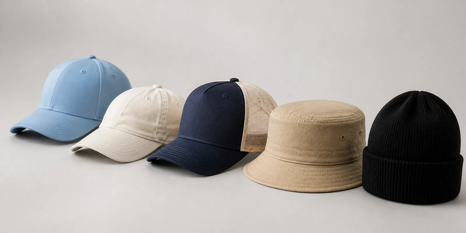 Custom cap, bucket hat, trucker cap and rib-knit beanie range produced for OEM and ODM headwear programs