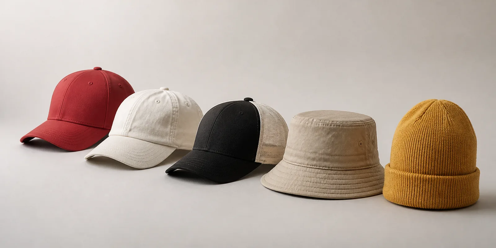 Custom cap, bucket hat, trucker cap and rib-knit beanie range produced for OEM and ODM headwear programs