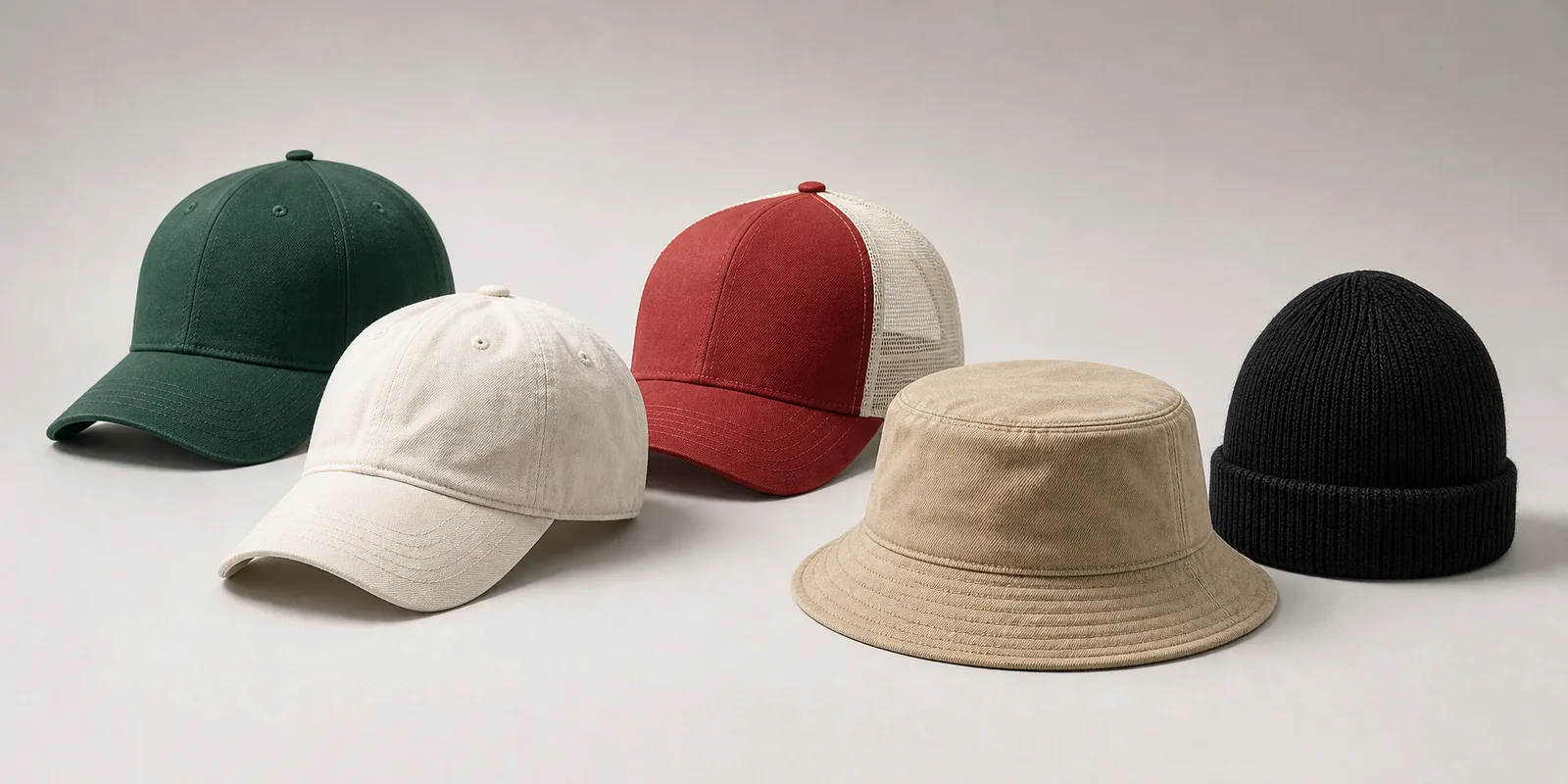 Custom cap, bucket hat, trucker cap and rib-knit beanie range produced for OEM and ODM headwear programs