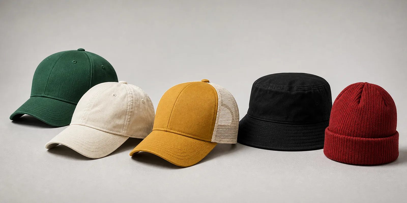 Custom cap, bucket hat, trucker cap and rib-knit beanie range produced for OEM and ODM headwear programs