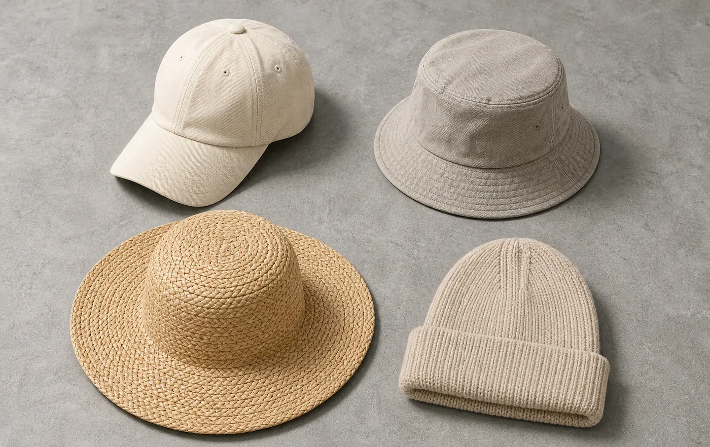 Custom baseball cap, canvas bucket hat, woven straw hat and rib-knit beanie shown together for material comparison