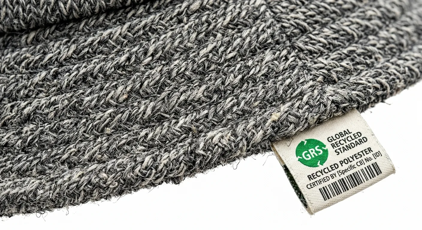 macro close-up of recycled PET fabric texture showing fiber characteristics and hang tag detail