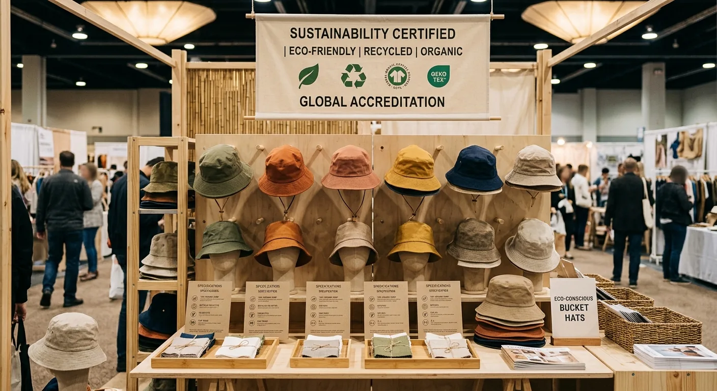 trade show exhibition booth displaying sustainable recycled PET bucket hats with sustainability banners