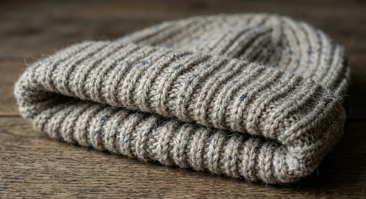 Recycled yarn knitted beanie macro detail showing rib knit texture and eco fiber structure