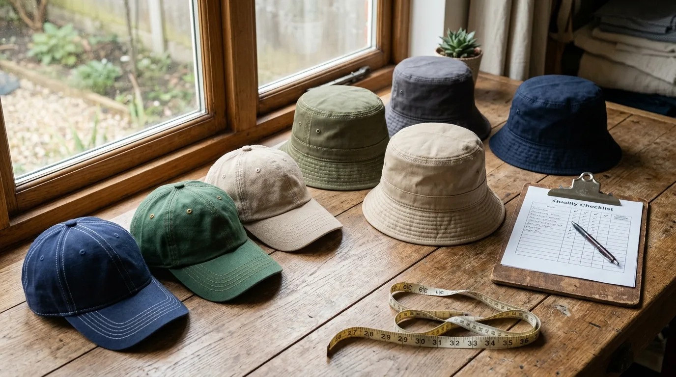 Hat factory sample quality assessment with various cap styles on inspection table