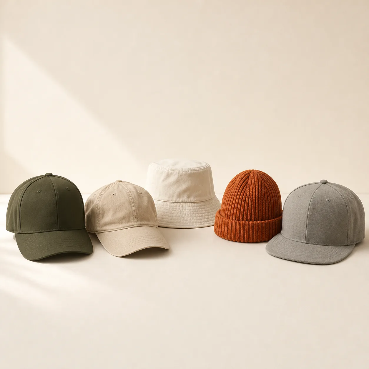 Five headwear styles in olive, sand, ecru, rust and stone grey arranged in a row on a warm off-white surface