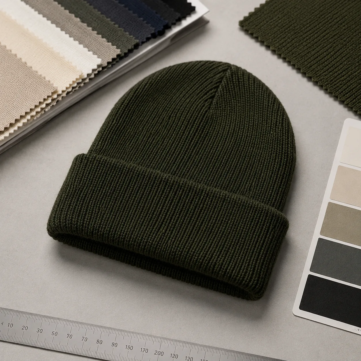 Knitted beanie on buyer inspection table with logo swatches