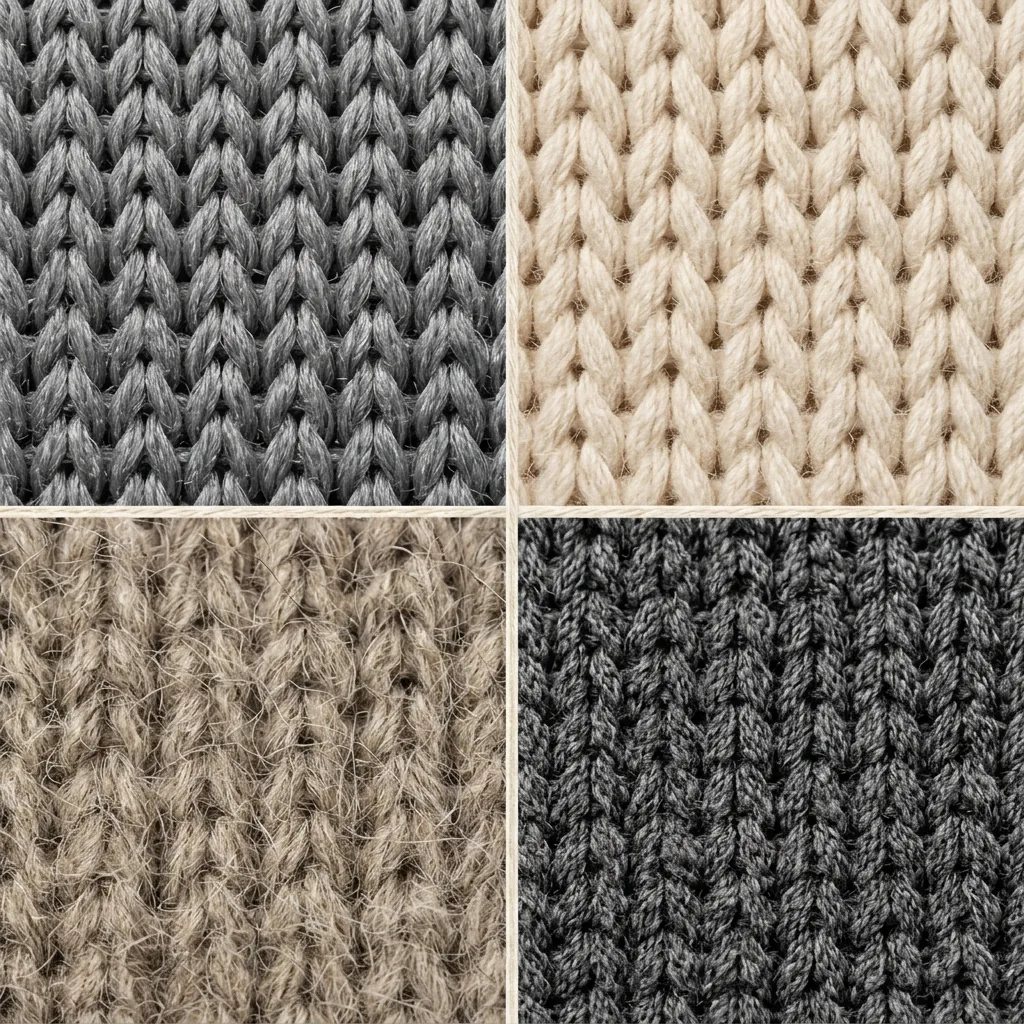Knitted beanie fabric texture comparison showing rib knit cable knit fisherman and jersey stitch patterns for wholesale buyers
