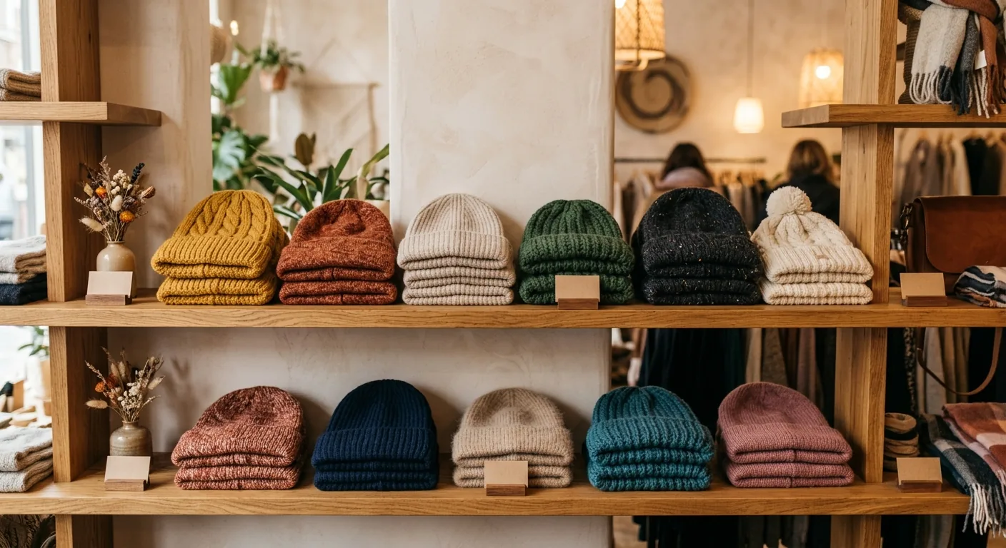 Retail shelf display of knitted beanies in various stitch types and materials for wholesale buyers