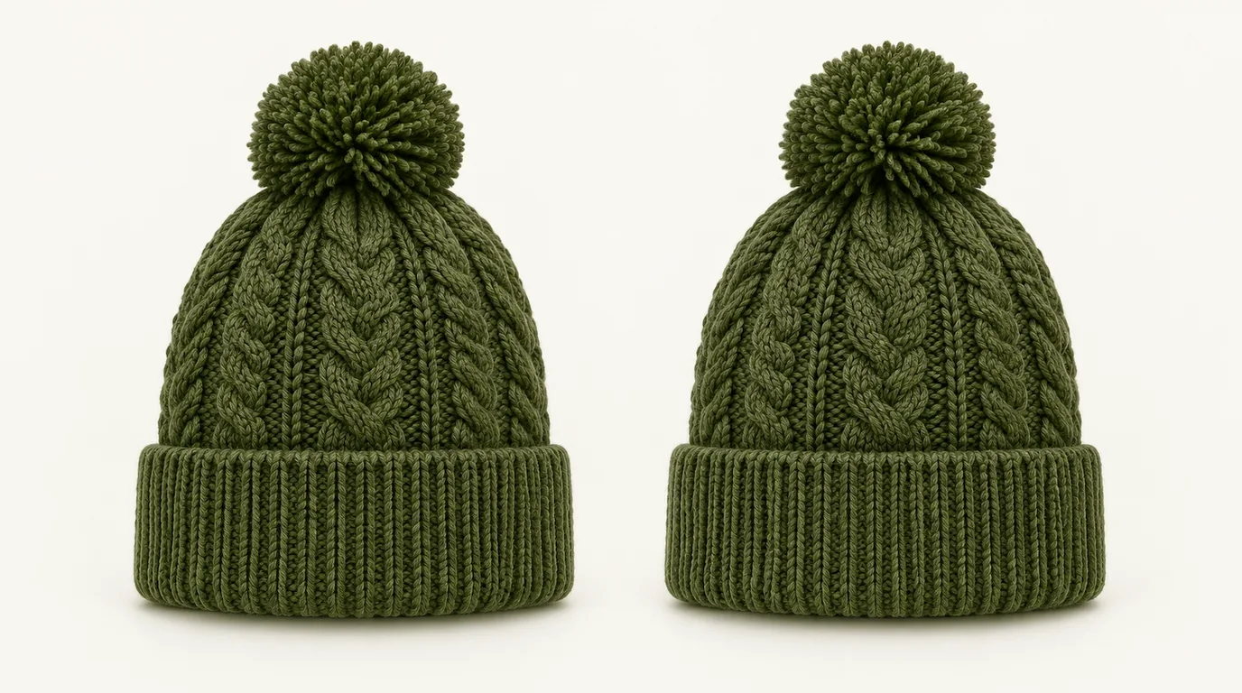 Dos gorros de color oliva con tejido tipo trenzado y pompones, con orejeras anchas de punto acanalado dobladas y orejeras lisas sin etiquetas