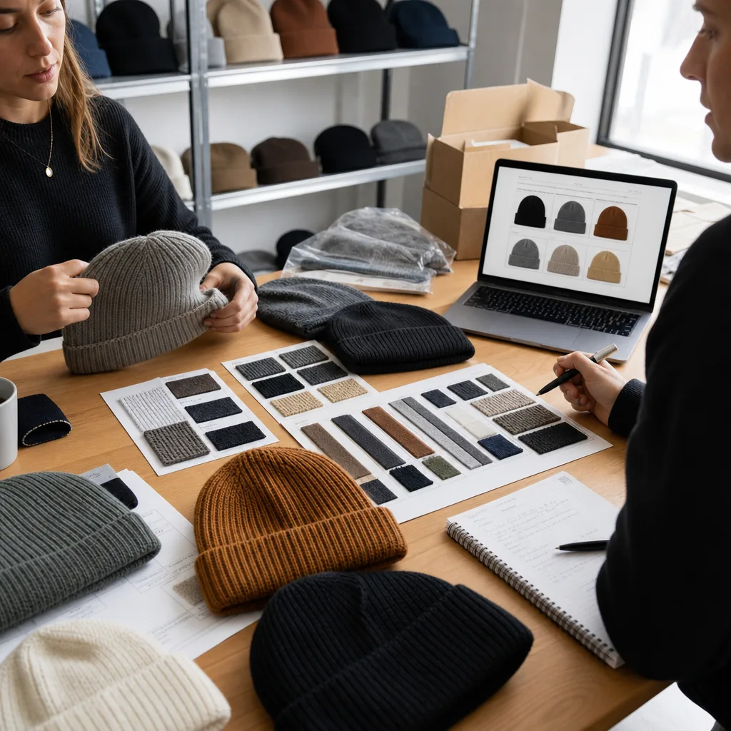 Patch, embroidery, and woven label options for custom beanies scenario image