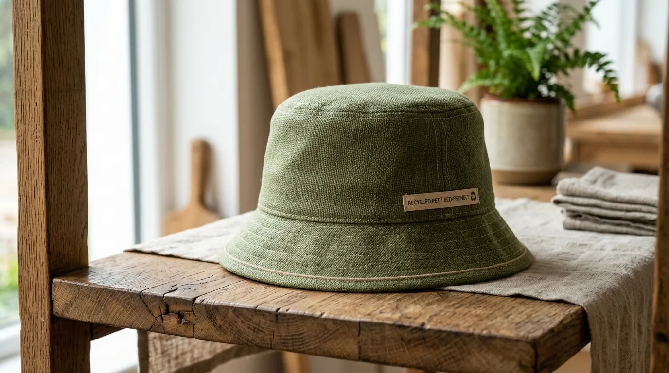 Foto de producto de un sombrero de pescador de PET reciclado verde, ecológico, para venta al por mayor