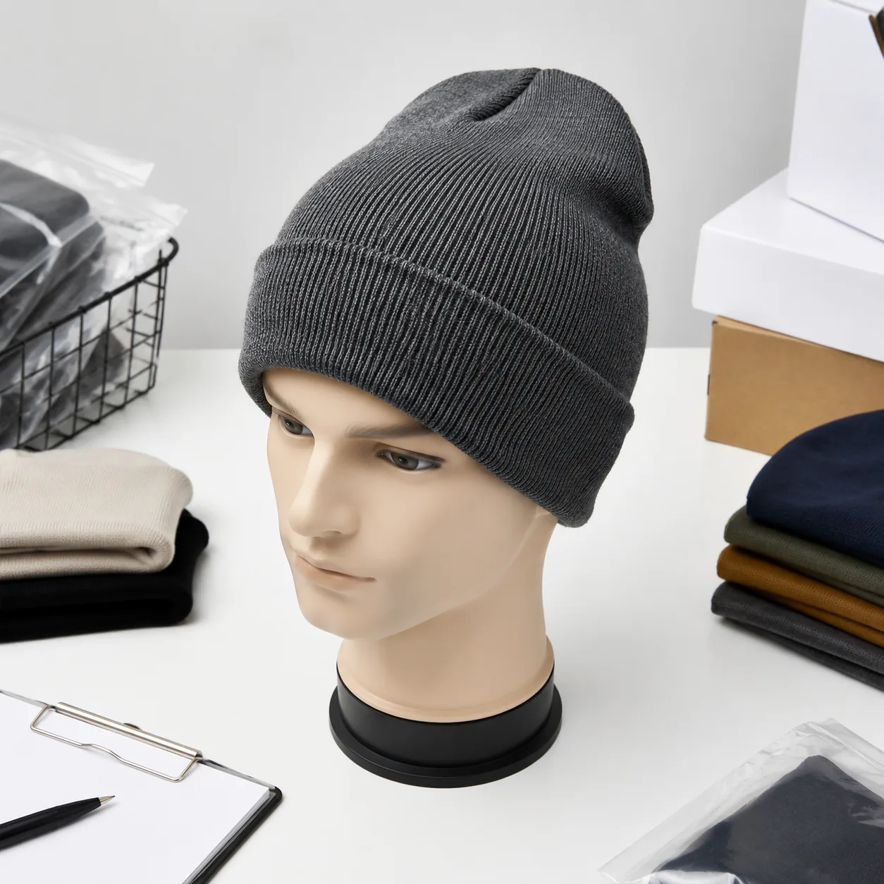 Knitted beanie worn in winter outdoor setting demonstrating proper fit and stretch comfort for wholesale buyer evaluation