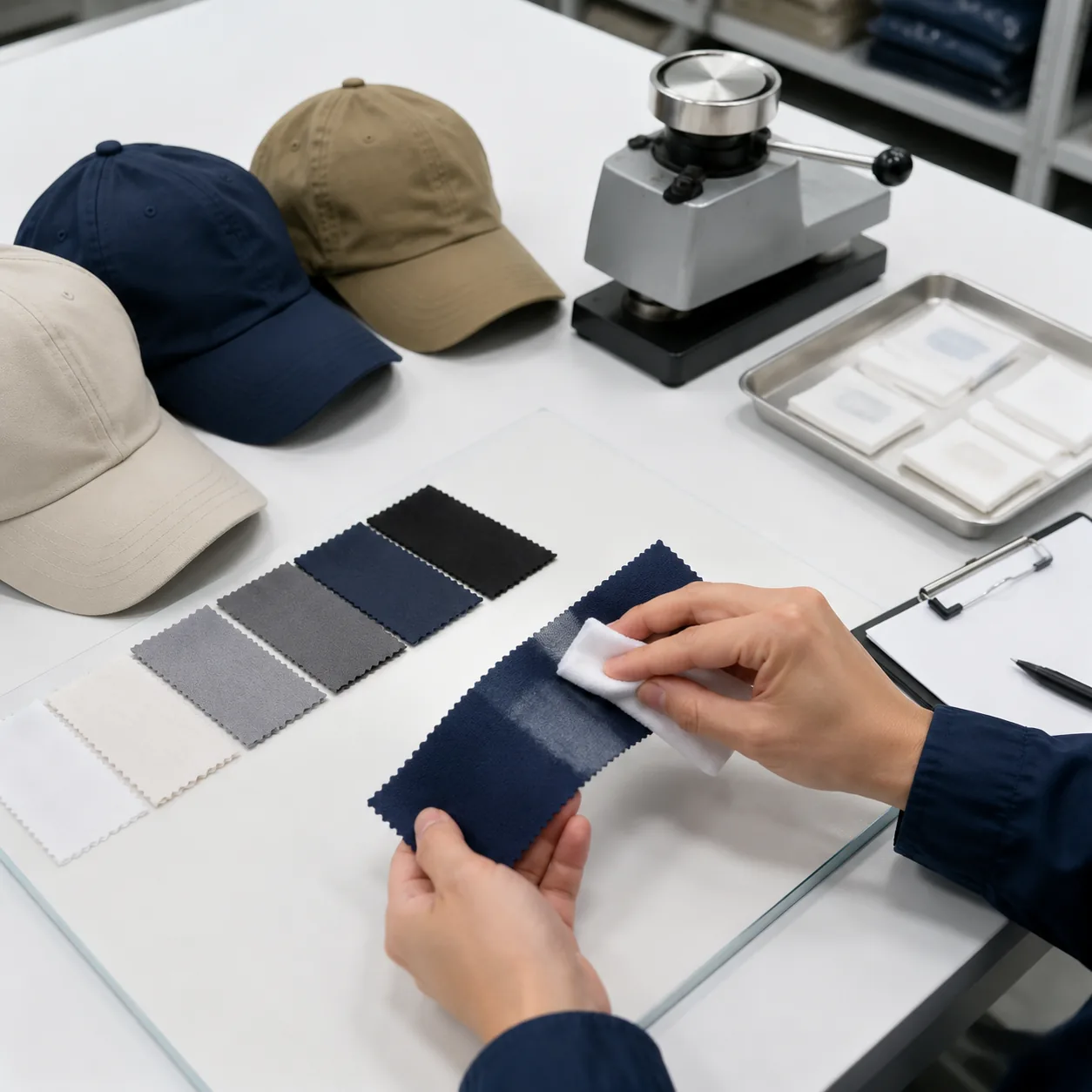 Baseball cap color fastness testing with crockmeter equipment for wholesale quality control
