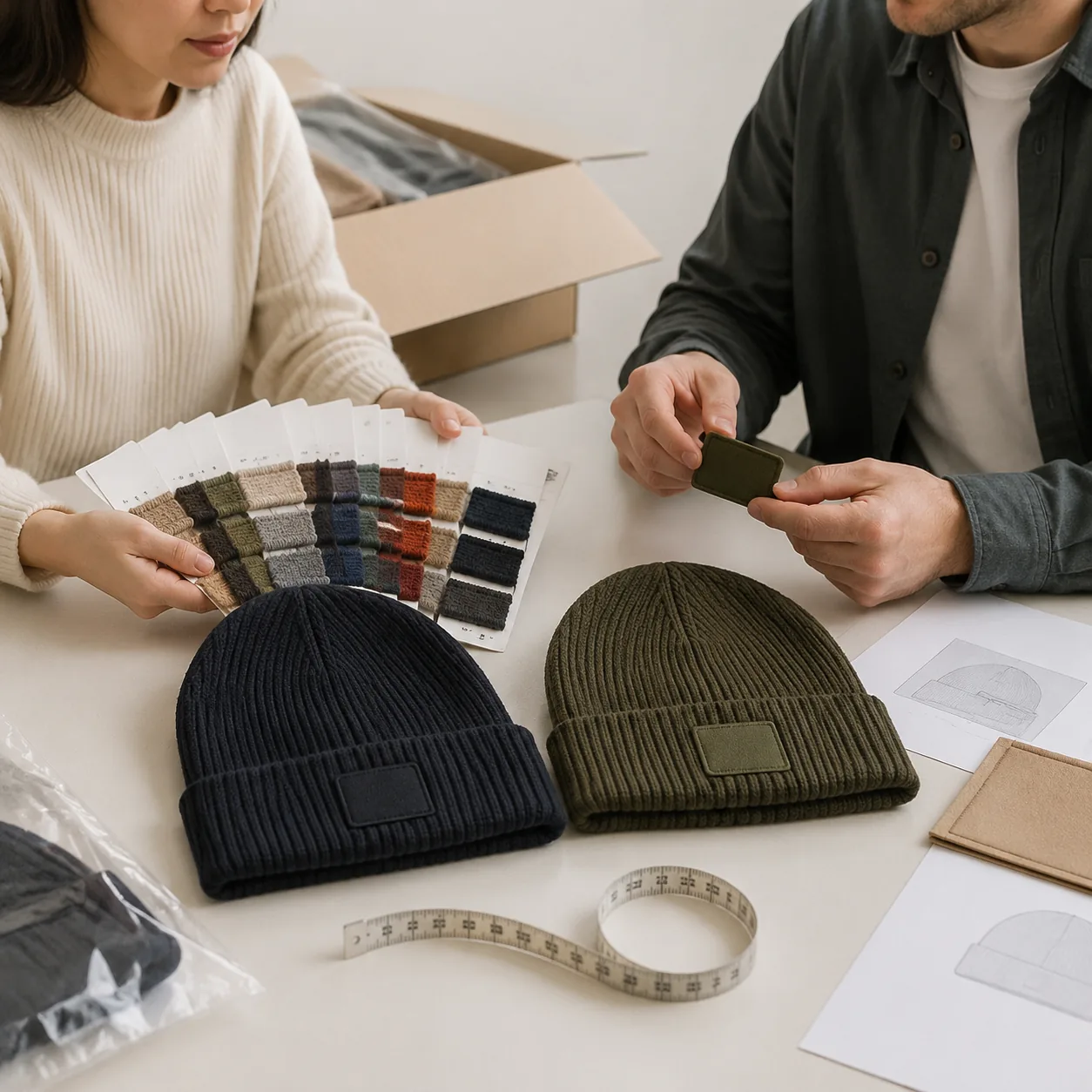 acrylic vs wool beanies scenario image showing Knitted Beanie inspection and sourcing context