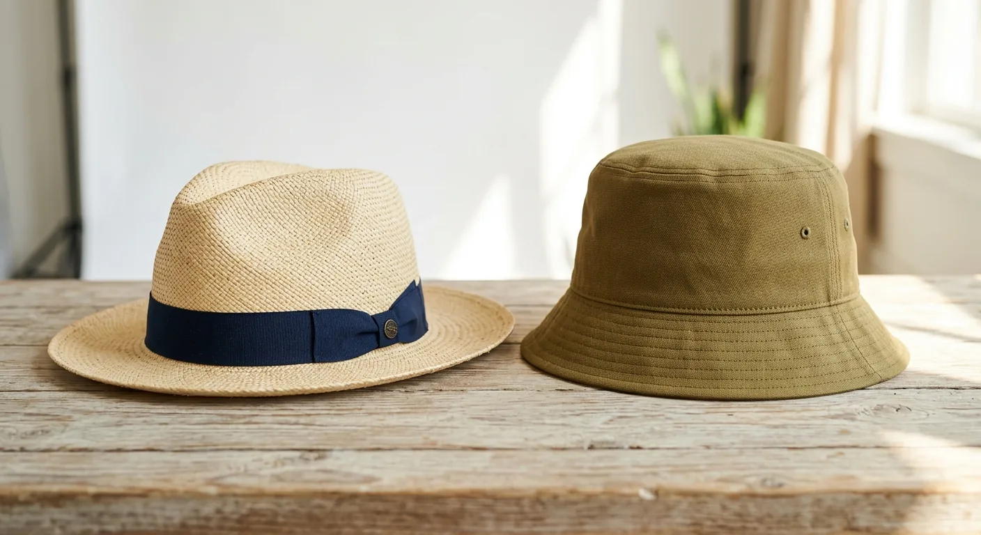 Sombrero de paja natural con una banda azul marino junto a un sombrero tipo bucket de lona color oliva sobre una mesa de madera
