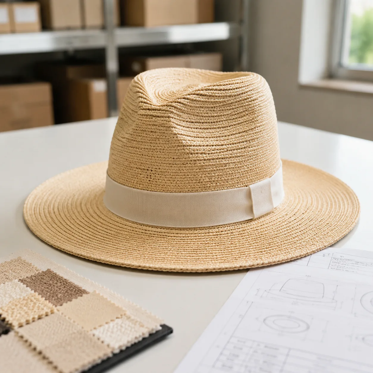 Straw hat on buyer inspection table with fabric swatches and spec sheet